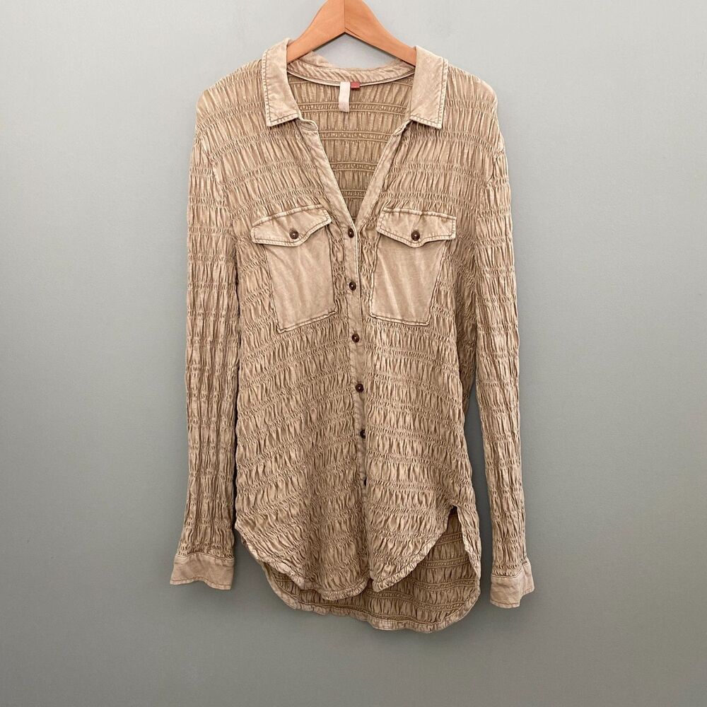 Pilcro Smocked Shirt Womens Medium Beige Cotton Tunic Shacket Lagenlook